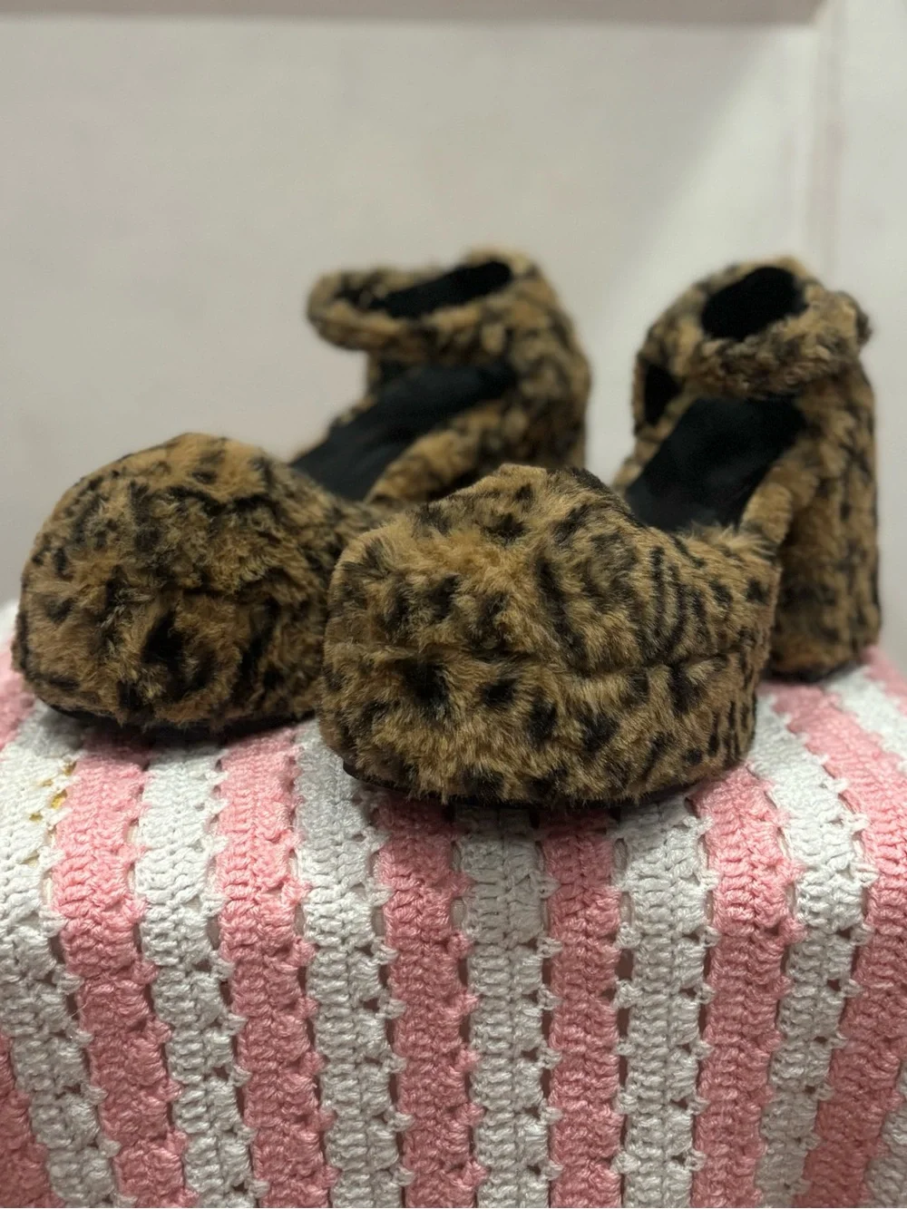 Leopard Faux Fur Platform Heels with Ankle Strap - Brown